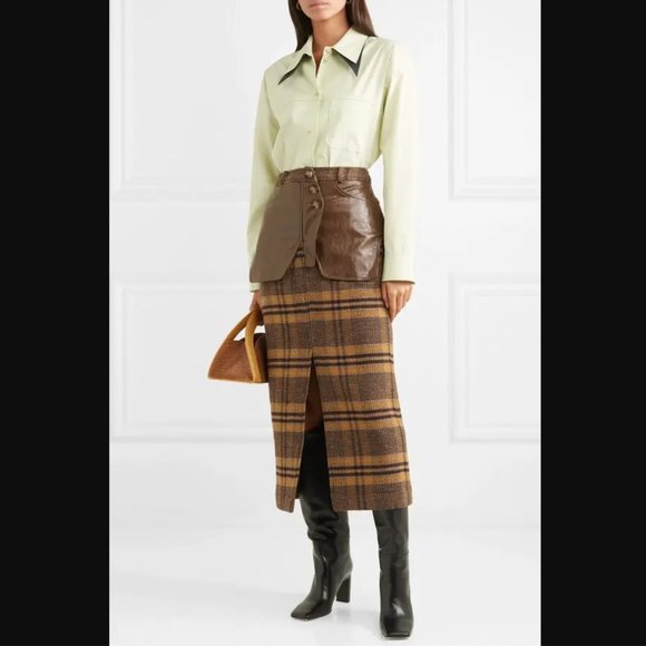 REJINA PYO Runway "Maggie" Checked Wool And Faux Leather Midi Skirt - Picture 2 of 12